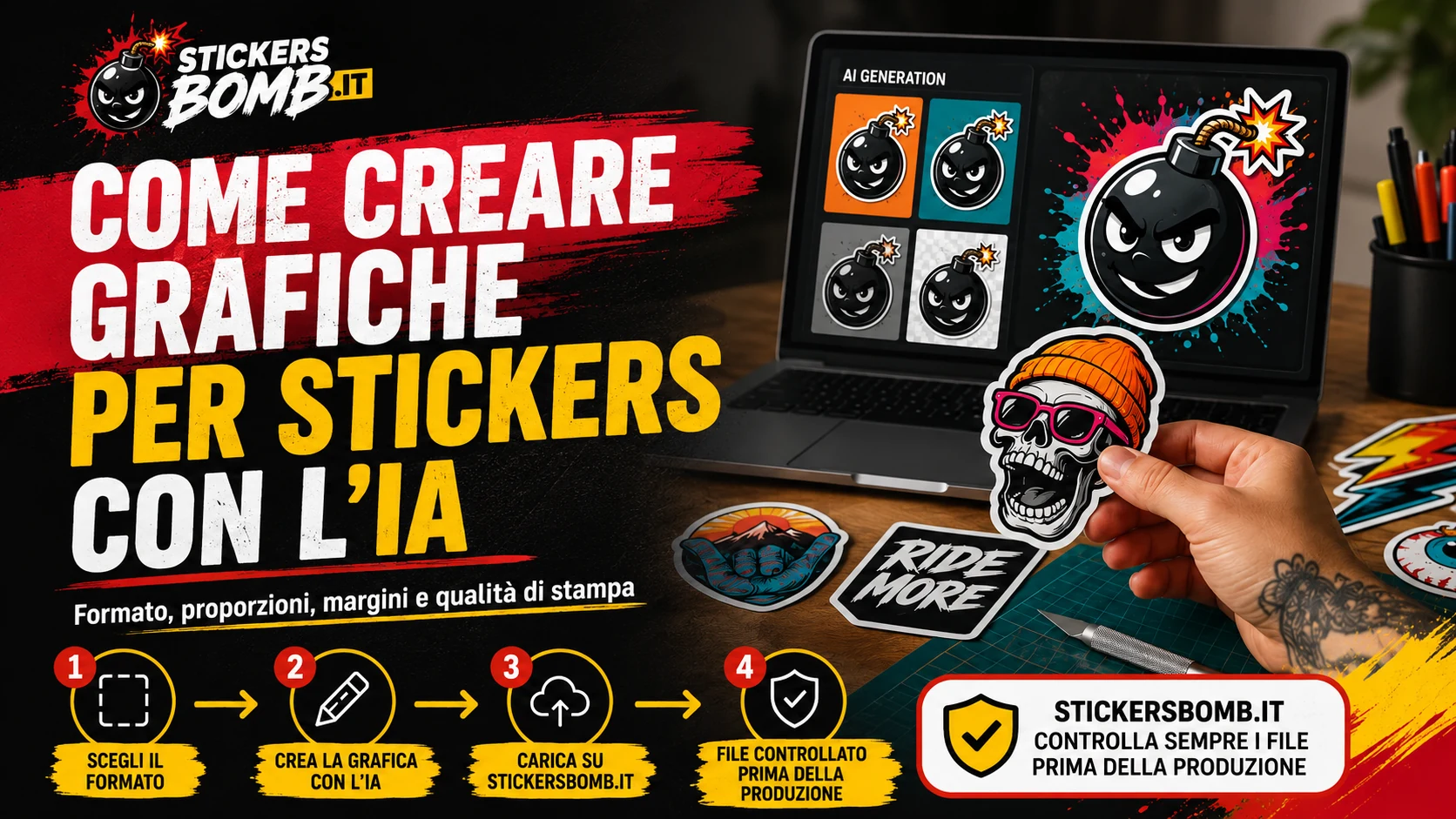 Grafica illustrativa su come creare stickers personalizzati con l’intelligenza artificiale, scegliendo formato, proporzioni e margini prima della stampa su StickersBomb