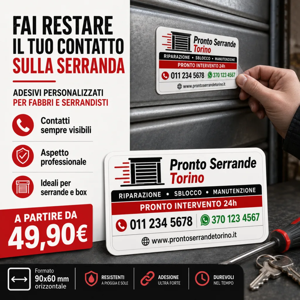 Adesivo personalizzato 90x60 mm per fabbri e serrandisti applicato sulla doga di una serranda metallica